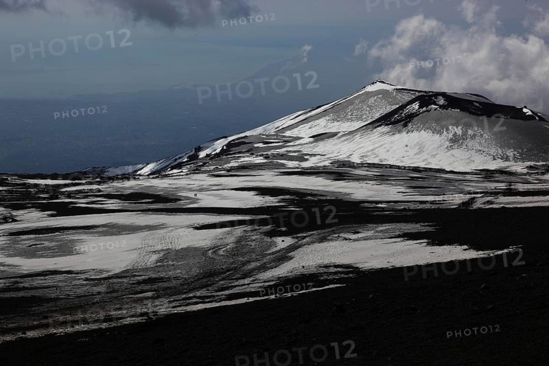 Etna, volcanic landscape at the secondary crater of Etna, Etna with snow, Sicily, Italy, Europe