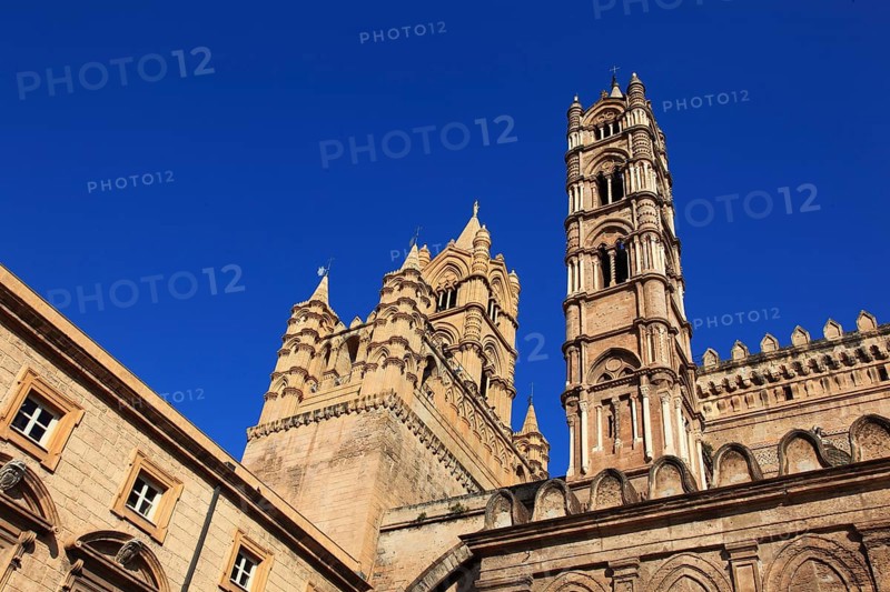 City of Palermo, the West Tower at the Archbishop's Palace and the Cathedral Maria Santissima Assunta, UNESCO World Heritage Site, Sicily, Italy, Europe