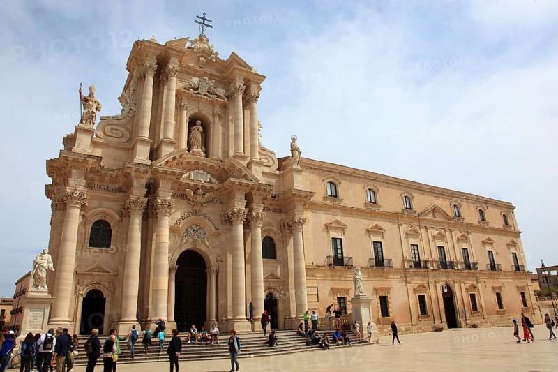 Ortygia or Ortigia is the historic centre of the city of Syracuse, the baroque façade of the Cathedral of Santa Maria delle Colonne, Sicily, Italy, Europe