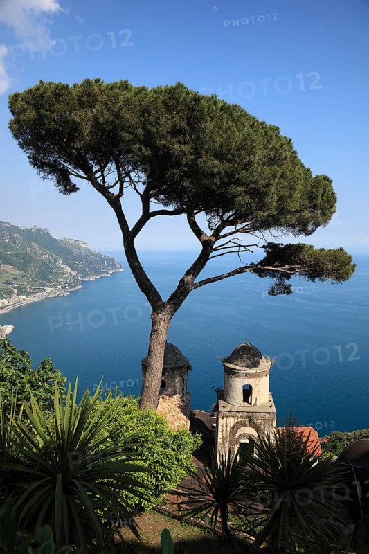 View from Villa Rufolo of the Gulf of Salerno and the towers of the Church of Chiese dell Annunziata, Campania, Italy, Europe