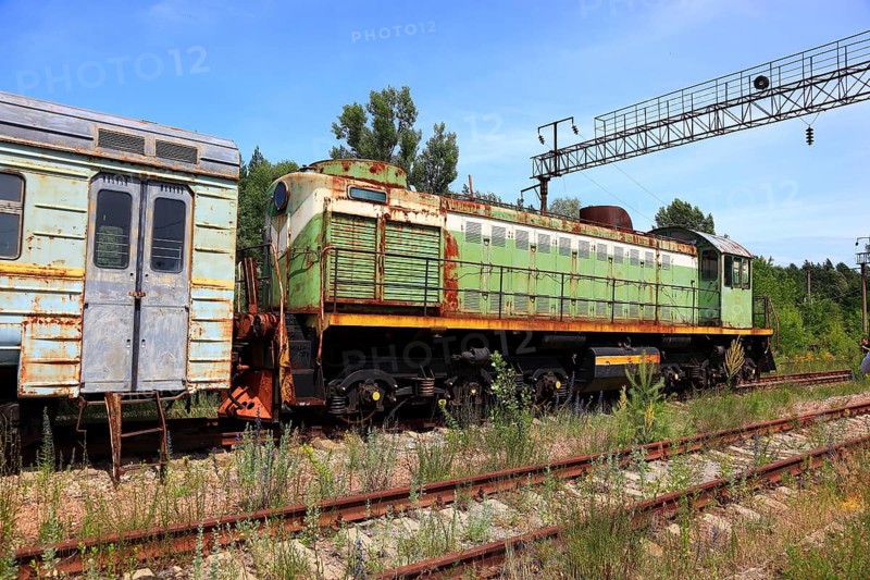 Exclusion zone, locomotive on the site of the former Yaniv railway station, now in the uninhabitable 30-kilometre zone around the Chernobyl power plant and the workers' settlement of Pripyat, Ukraine, Europe