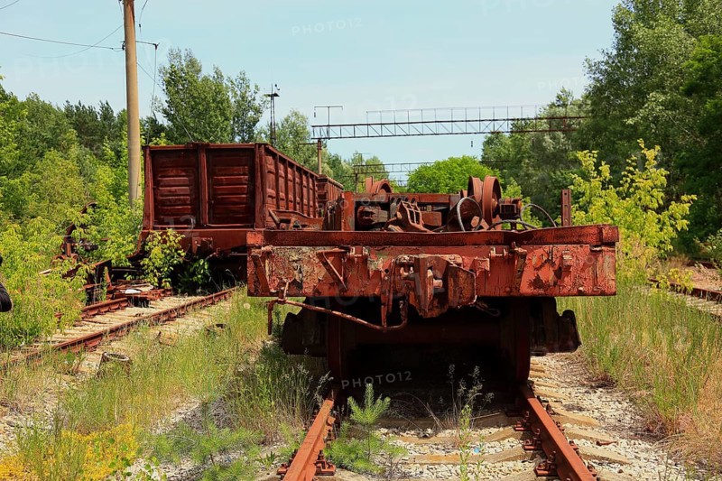 Exclusion zone, rail vehicles on the site of the former Yaniv railway station, now in the uninhabitable 30-kilometre zone around the Chernobyl power plant and the workers' settlement of Pripyat, Ukraine, Europe