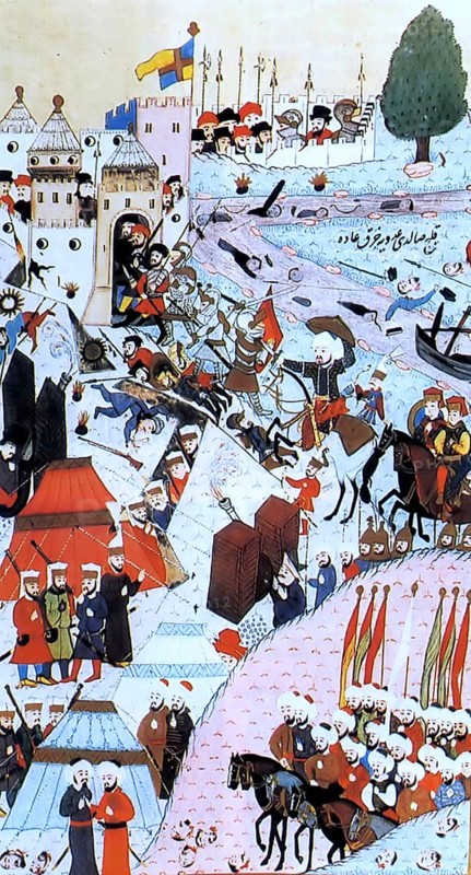 The Battle of Belgrade, Turkish attack led by Suleyman I, in the centre of the picture, wearing a white turban, the bombardment of the city by cannons, European army on the walls, calmly awaiting the invading troops, 1584, Historic, digitally restored reproduction of an original artwork from the period, exact original date unknown