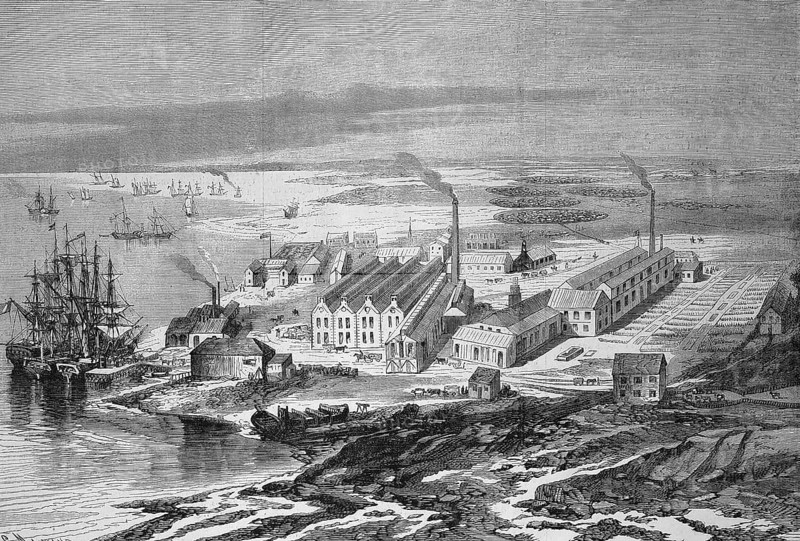 Liebig's Extract of Meat Company Building in Fray Bentos, 1869, Uruguay, Historic, digitally restored reproduction of an original 19th century artwork, exact original date unknown, South America