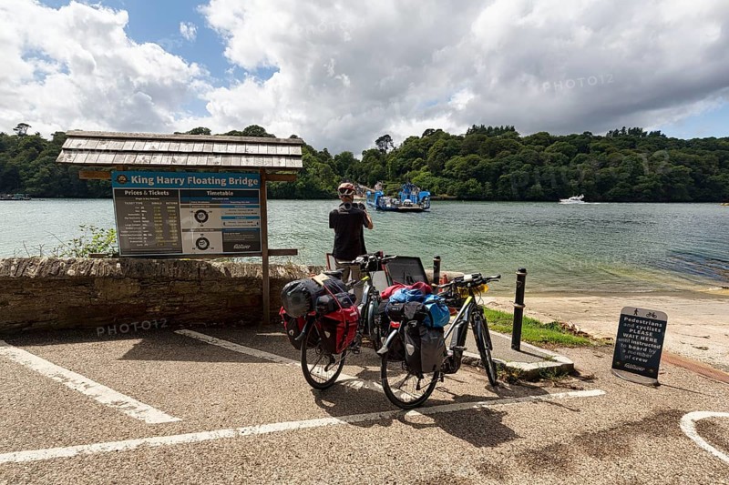 Cyclists, cyclists with e-bikes at the jetty of the King Harry Floating Bridge, chain ferry on River Fal, National Cycle Route 3, Long Distance Cycle Route, Cornwall, United Kingdom, Europe