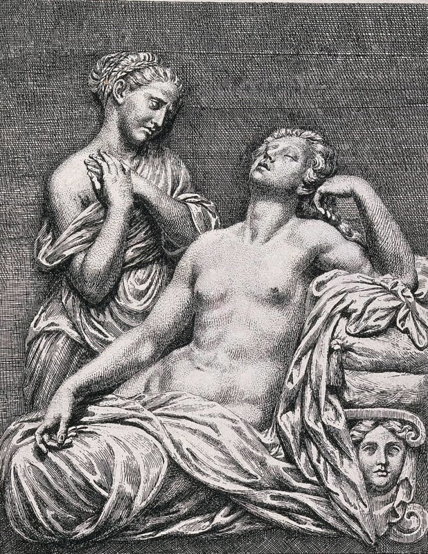 The suicide of Cleopatra, Cleopatra lies dead on her bed and is mourned by a servant, Historical, digitally enhanced reproduction of an original from the period