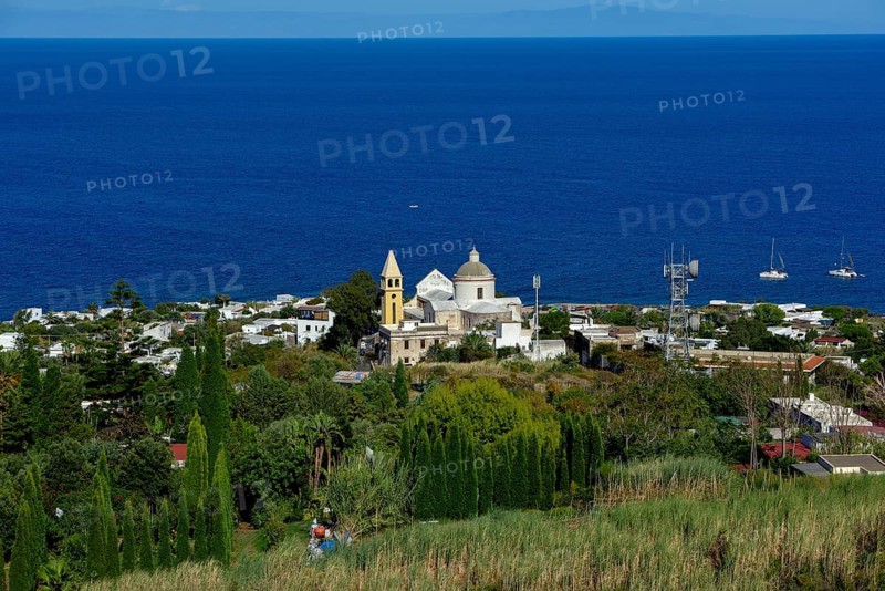 View to the village Stromboli with church San Vincenzo, island Stromboli, Liparic Islands, Italy, Europe