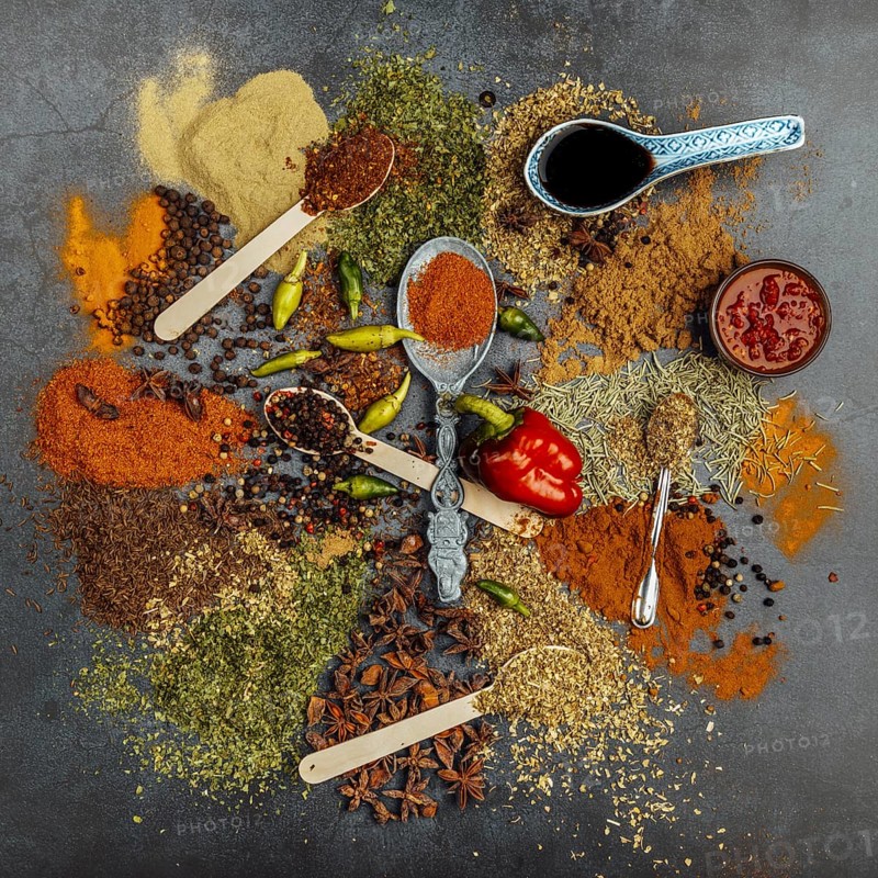 Spices, aniseed (Pimpinella anisum), black pepper (Piper nigrum), paprika (Capsicum), common thyme (Thymus vulgaris), parsley (Petroselinum crispum), oregano (Origanum), allspice (Pimenta dioica), coriander (Coriandrum sativum), turmeric (Curcuma longa), Food Photography