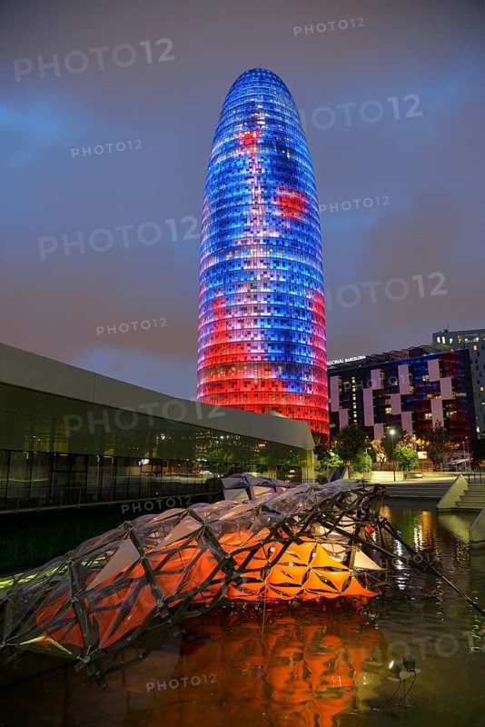 Torre Agbar, architect Jean Nouvel, at dusk, Avinguda Diagonal, Barcelona, ??Catalonia, Spain, Europe