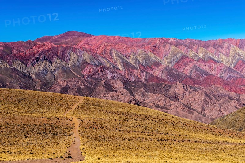 Cerro de 14 colores, Mountains of 14 Colours, Andes, altitude 4350m, Quebrada de Humahuaca, Humahuaca Valley, UNESCO World Heritage Site, mountain landscape, tourist attraction, geological rock formation, puna vegetation, trail, Jujuy Province, Argentina, South America