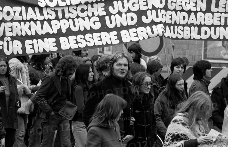 Called by the DGB youth, about 2000 mostly young people demonstrated on 25.10.1975 for co-determination and against unemployment in Giessen, Germany, Europe
