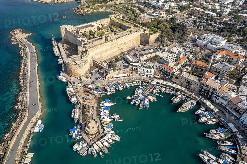 Kyrenia or Girne Fortress and Port from the Air, Turkish Republic of Northern Cyprus