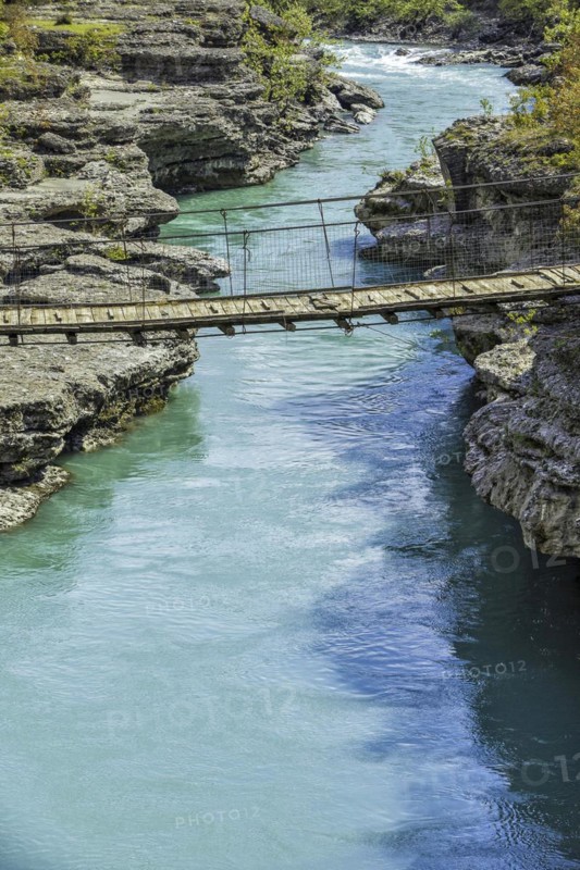 Broken bridge, valley of the Vjosa, the Vjosë is one of the few larger natural rivers in Europe, National Park Wild River Vjosa, Përmet, Qark Gjirokastra, Albania, Europe