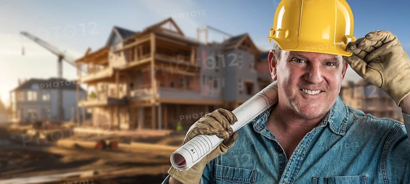 Friendly male contractor at a construction site wearing a hard hat and work gloves holding his blueprint plans