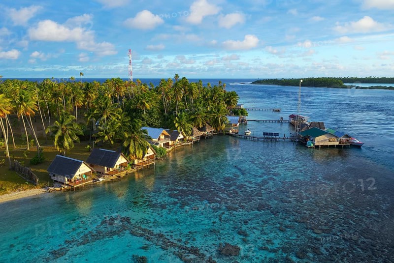 Aerial view, Tetamanu Village, at South Pass, South Channel, spectacular dive site, Tetamanu Island, Fakarava Atoll, Tuamotu Archipelago, Tahiti, Society Islands, Leeward Islands, French Polynesia, Oceania