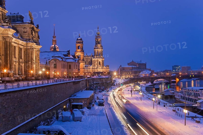 Brühl's Terrace in winter. Building of the Saxon Art Association and the Academy of Fine Arts. Brühl's Terrace is an architectural ensemble and a tourist attraction in Dresden. The outdoor area stretches along the River Elbe on the Old Town side of Dresden and is also known as the Balcony of Europe