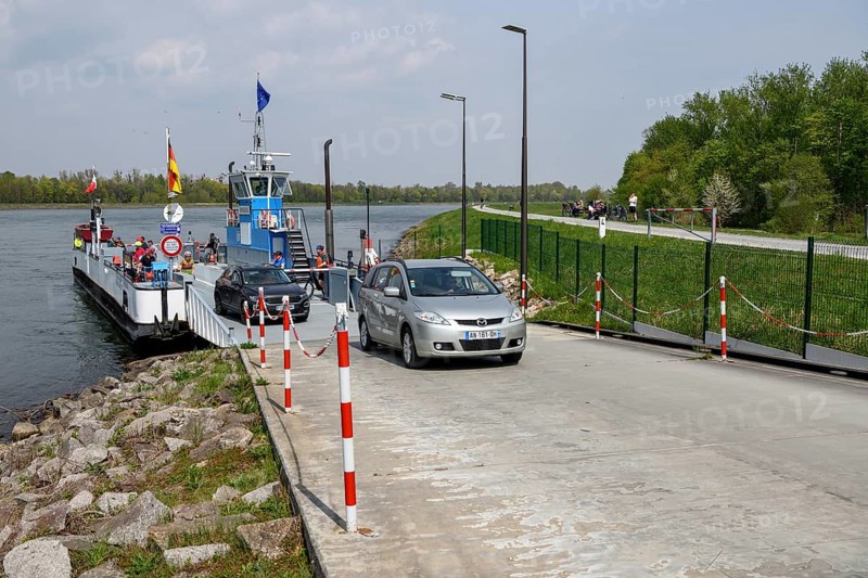 Rhine ferry Drusus between Drusenheim (France) and Greffern (Germany) at the pier in Greffern, municipality of Rheinmünster, district of Rastatt, Baden-Württemberg, Germany, Europe