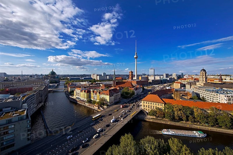 City panorama with Spree, Cathedral, Nikolai Quarter, Red Town Hall, TV Tower and Old Town House, Berlin-Mitte, Berlin, Germany, Europe