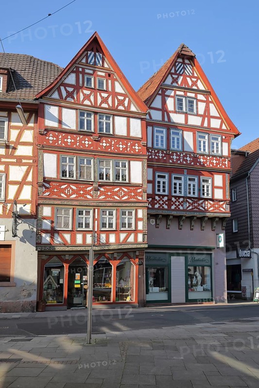 Half-timbered houses in the main street, Bad Orb, Spessart, Hesse, Germany, Europe