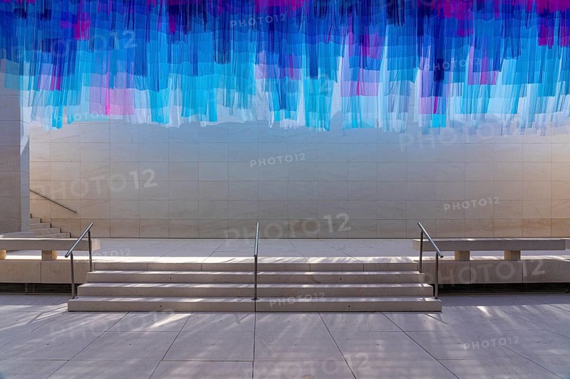 Colourful silk curtains at the CaixaForum, cultural centre in the former Fabrica Casaramona, Barcelona, Spain, Europe
