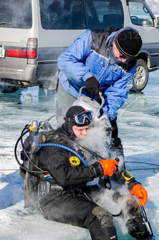 Hotwater on regulators to avoid freezing during the dive under ice, Lake Baikal, Olkhon Island, Pribaikalsky National Park, Irkutsk Province, Siberia, Russia, Europe