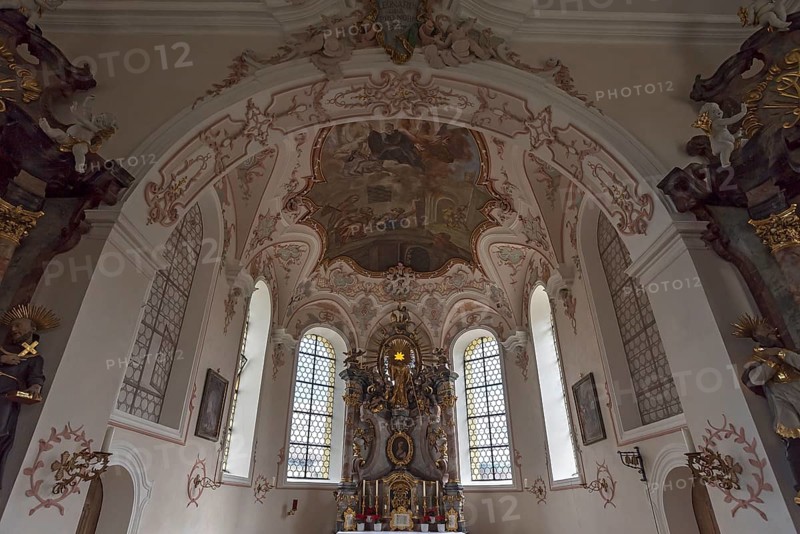 High altar in rococo style, St. Leonard, built 1726, Pfronten (Ostallgäu), Bavaria, Germany, Europe
