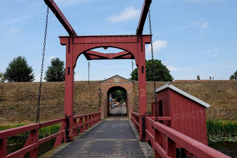 Bourtange Fortress, entrance with drawbridge over moat, Groningen Province, Netherlands
