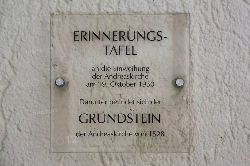 Inauguration commemorative plaque, information plaque foundation stone, Protestant St. Andrew's Church, writing, letters, Eningen unter Achalm, Baden-Württemberg, Germany, Europe