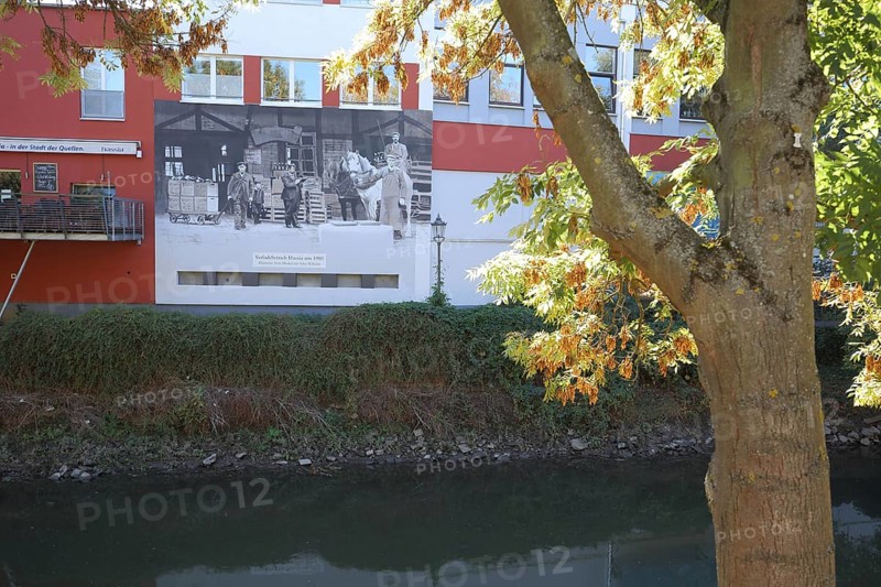 Spa garden am Nidda Ufer with mural by grafitti artist CASE on the Hassia Mineralwasser Historik Betrieb in Bad Vilbel, Hesse, Germany, Europe