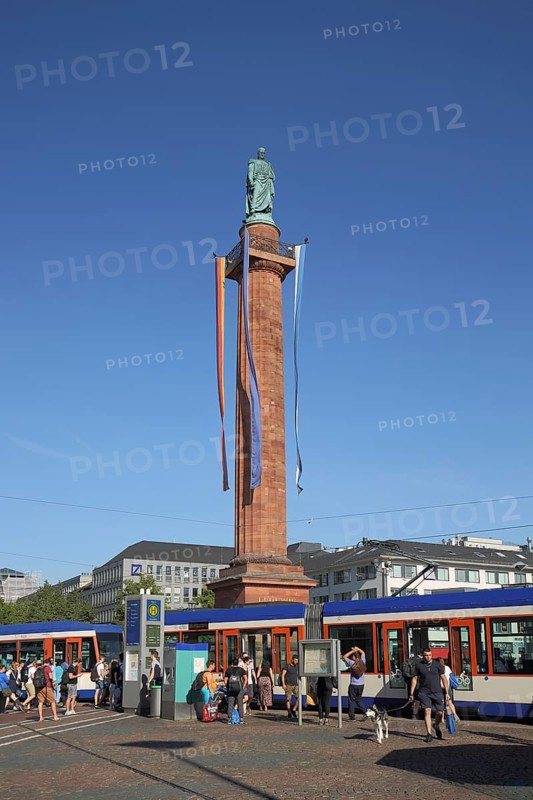 Luisenplatz with Ludwig monument with tram stop, obelisk, column, monument, group of people, Darmstadt, Bergstrasse, Hesse, Germany, Europe