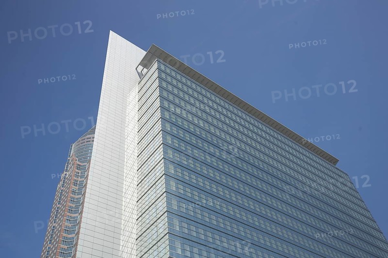 Kastor and Messeturm, view up, glass window, glass building, tower, skyscraper, perspective, Platz der Einheit, Bockenheim, Main, Frankfurt, Hesse, Germany, Europe