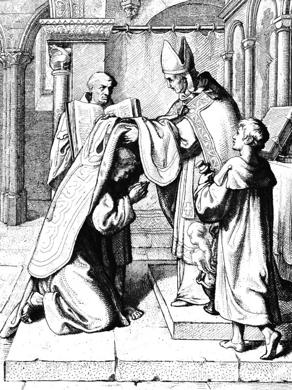 Martin Luther is solemnly ordained priest, Germany, celebration, consecration, church room, columns, cloak, 16th century, historical illustration c. 1860, Europe