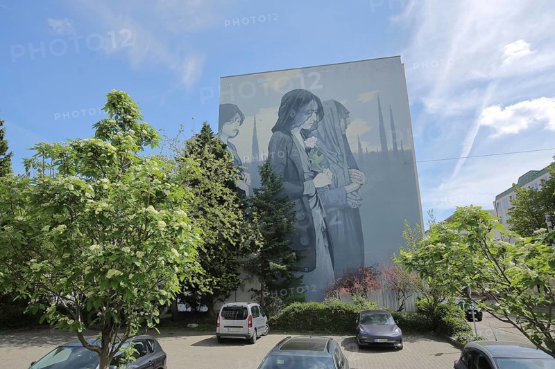 Mural Europe by Bezt Etam 2016, graffiti, street art, woman, mourning, veil, rose, grey, monochrome, city centre, Mannheim, Hesse, Germany, Europe