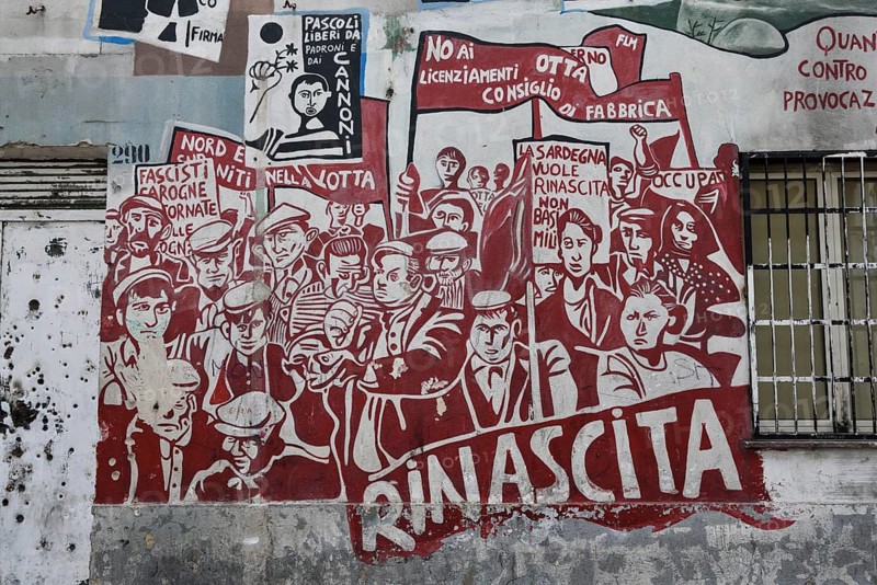 Political mural, artist Francesco del Casino, workers protesting, Orgòsolo, Province of Nuoro, Sardinia, Italy, Europe