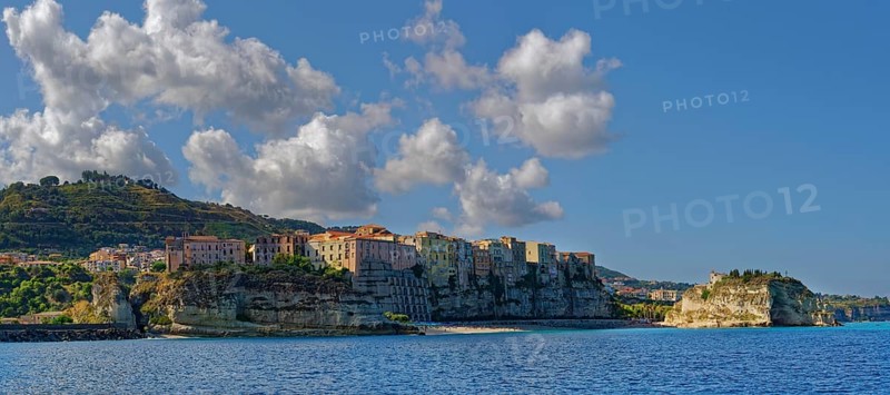 Morning city view of the medieval old town of Tropea with the church Santuario di Santa Maria, Tropea, Vibo Valentia, Calabria, Southern Italy, Italy, Europe