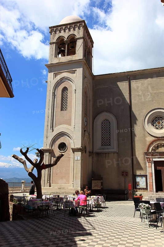 Place Castelmola near Taormina, cafe in front of the church Chiesa San Nicolo di Bari, Duomo, Sicily, Italy, Europe