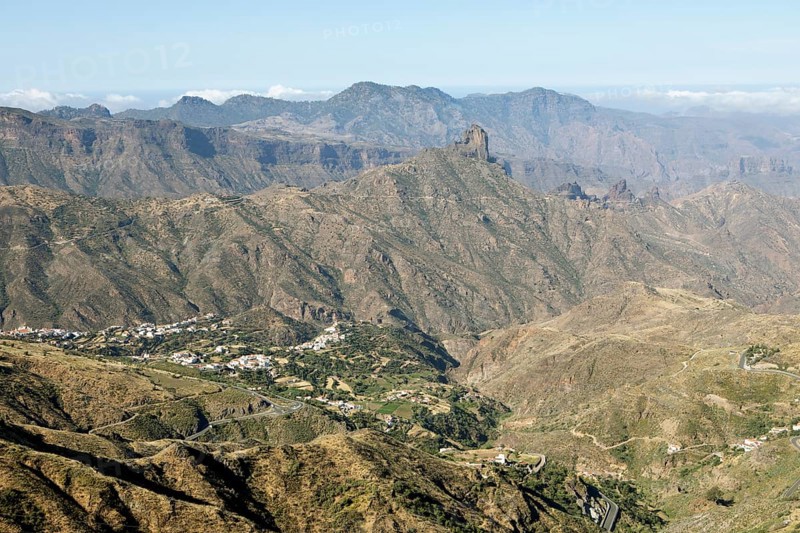View from Cruz de Tejeda, Parque Rural del Nublo, in the back Roque Batayga, below the village of Tejeda, Las Palmas Province, Gran Canaria, Canary Islands, Spain, Europe