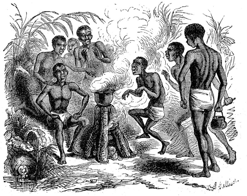 The use of fire for cooking among the natives, 1869, Uganda, Historic, digitally restored reproduction of a 19th century original, exact original date unknown, Africa