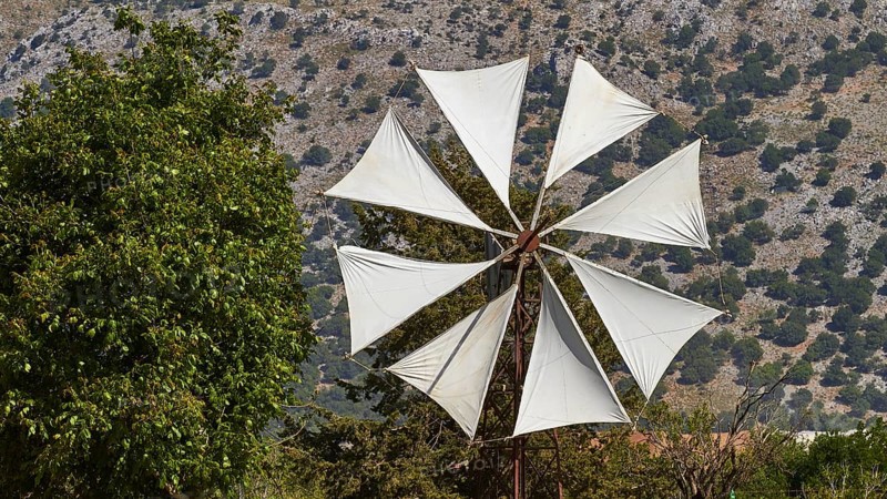 Windmill close, canvas, Lassithi plateau, Lassithi, East Crete, Crete island, Greece, Europe