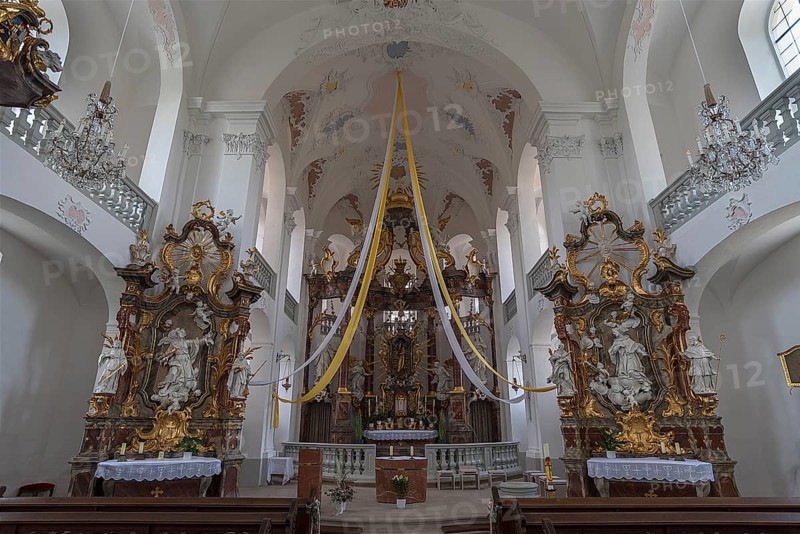Interior with rococo high altar, 1761, in the pilgrimage church Maria Limbach, built 1751-1755, Limbach, Lower Franconia, Bavaria, Germany, Europe