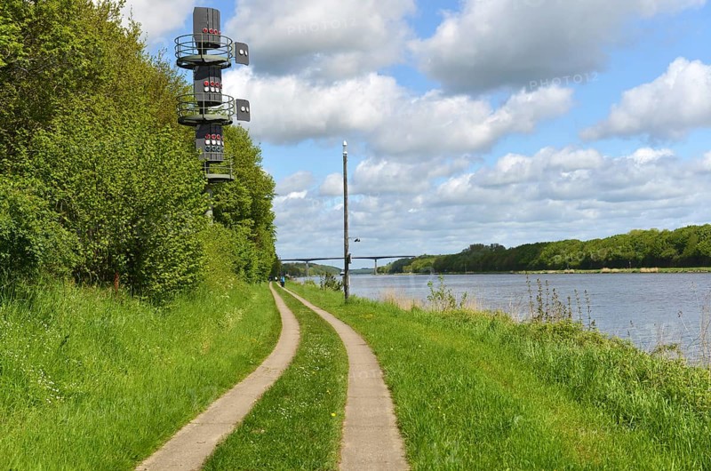 Signalling system for shipping traffic and cycle path on the Kiel Canal, Schleswig-Holstein, Germany, Europe