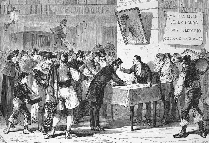 Public subscription in Madrid for the repurchase to free slaves from Cuba and Puerto Rico, 1869, Spain, Historic, digitally restored reproduction of an original 19th century master, exact original date unknown, Europe