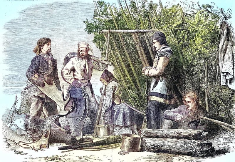 Hunting reindeer, reindeer hunt, the hunters come home with the prey, 1869, Alaska, America, Historic, digitally restored reproduction of an original 19th century artwork, exact original date unknown