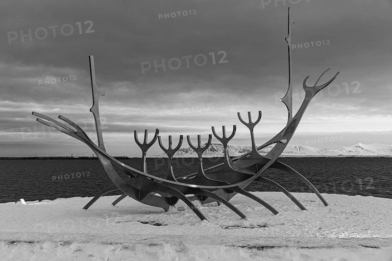 Viking ship sculpture, black and white photograph, Reykjavik, Reykjanes Peninsula, Sudurnes, Iceland, Europe