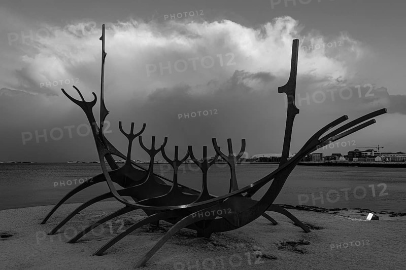 Viking ship sculpture, Sun Voyager, black and white photograph, Reykjavik, Reykjanes Peninsula, Sudurnes, Iceland, Europe