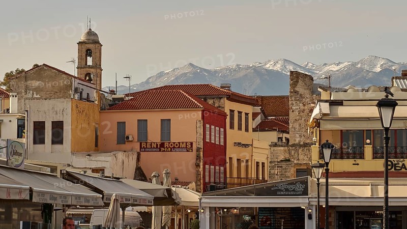 Panorama shot, Lefka Ori, White Mountains, Snowy Mountains, Venetian Old Town, Venetian Harbour, Calm Sea, Blue Sea, Grey Blue Sea, Blue Cloudless Sky, Chania, West Crete, Island of Crete, Greece, Europe