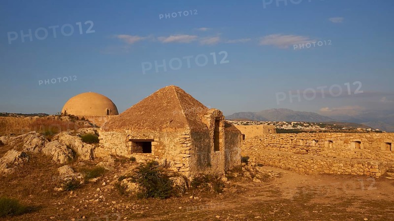 Fortezza, Venetian sea fortress, building inside the fortress, blue sky, few grey-white clouds, Rethimnon, central Crete, island of Crete, Greece, Europe