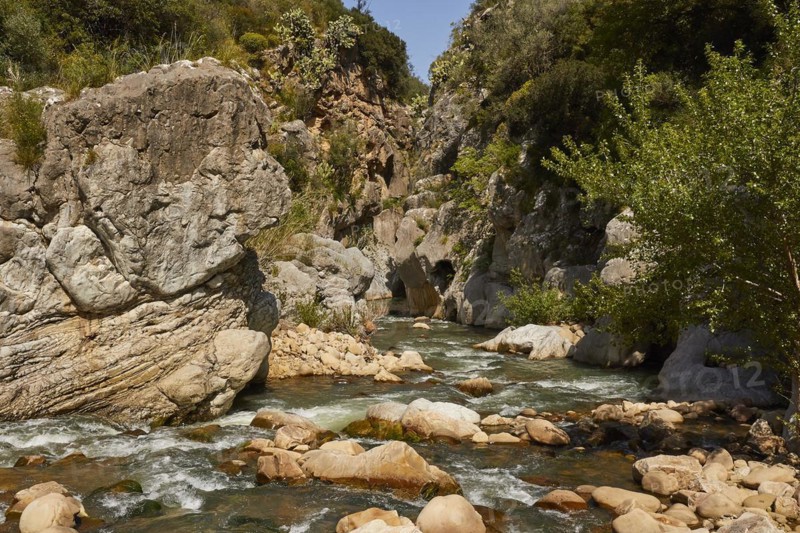 Gole di Tiberio, Historical gorge, High cliffs, Stream, Stones in the stream, Fast flowing water, Madonie National Park, Spring, Sicily, Italy, Europe