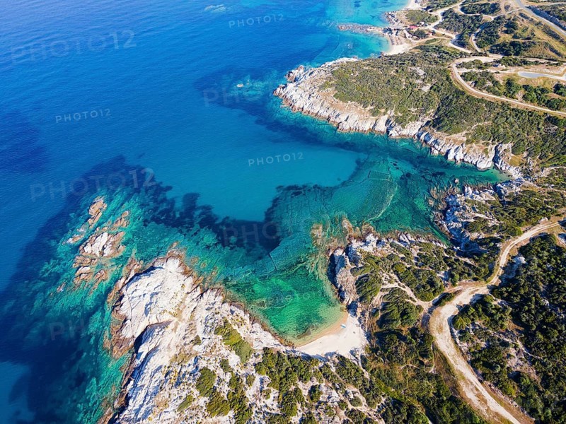 Aerial view, Prassou beach, Kriaritsi, Sithonia, Chalkidiki, Central Macedonia, Greece, Europe