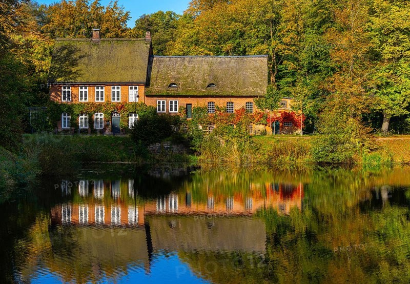 Autumn season, castle park and outbuildings, Ahrensburg, Schleswig-Holstein, Germany, Europe